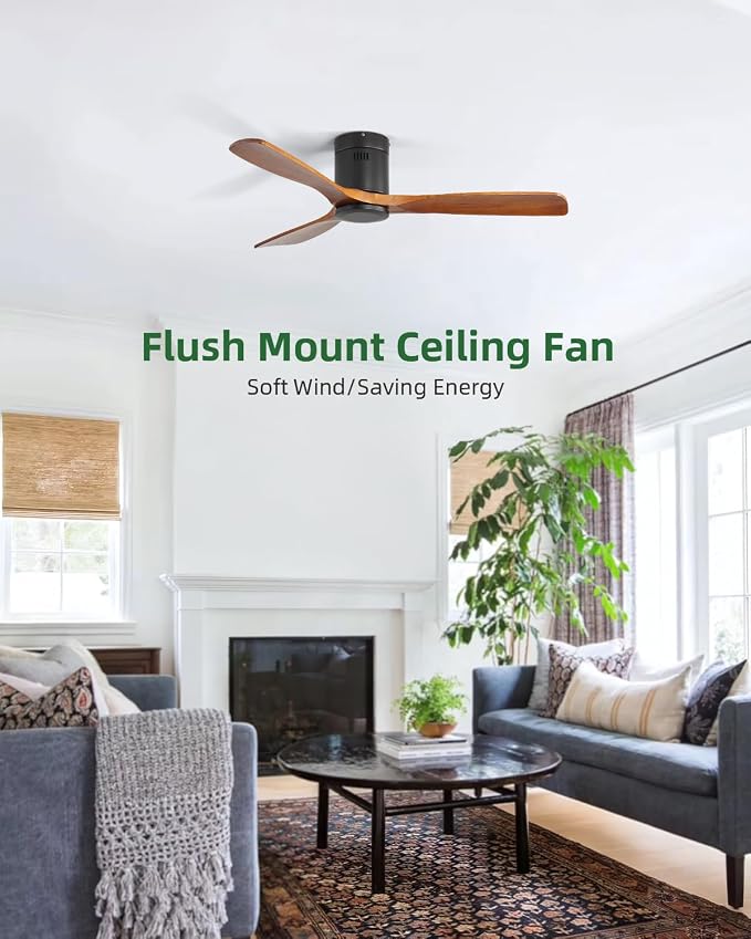 Sofucor 52 Inch Solid Wood Ceiling Fan Without Lights Flush Mount Ceiling Fan with Remote Control-Wood Blades Modern Outdoor Ceiling Fans No Light for Bedroom/Farmhouse/Patio/Indoor, Brown Black