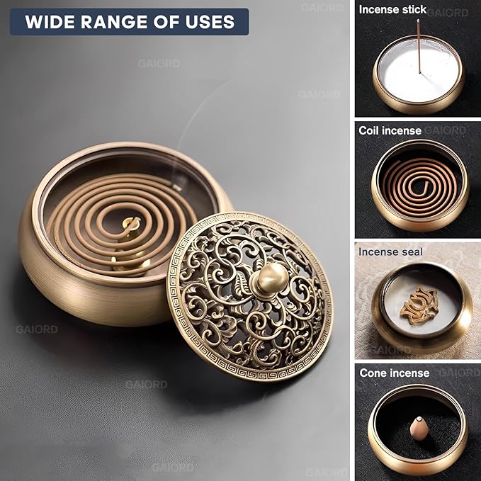 29 Pcs Brass Powder Incense Burner Kit, Incense Making Kit, Incense Powder with Incense Stick Holder(Stick/Cone/Coil Incense) Ash Catcher Tray As Gift for Yoga and Meditation (Glod)