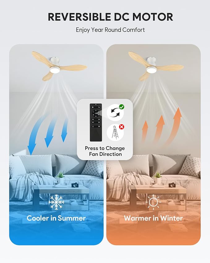 VONLUCE Wood Ceiling Fan with Lights, 42 Inch Flush Mount Ceiling Fan and Remote, 6-Speeds Quiet Reversible DC Motor, 3CCT, Natural Wood 3 Blades Outdoor Ceiling Fan for Patios Farmhouse, White