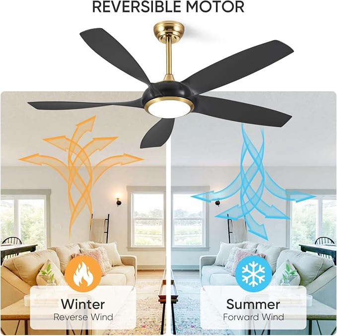 54'' Ceiling Fans with Lights, Indoor/Outdoor Modern Ceiling Fan with Remote, ABS Plastic Blades, Reversible DC Motor, 6 Speeds, 3 Color Lights, ETL Listed, for Bedroom Living Room (Black)