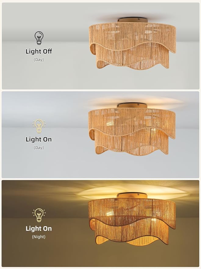 Flush Mount Ceiling Fan with Lights, 20" Low Profile Boho Ceiling Fan with Light Remote Control, Caged Rattan with 6 Speeds for Bedroom, Nursery, Living Room