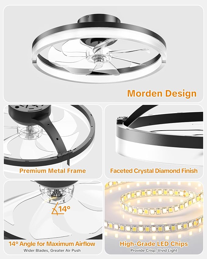 Ceiling Fans with Lights and Remote, Low Profile Ceiling Fan, Morden Flush Mount LED Fan Light, 3000K-6500K Dimmable for Bedroom, Kitchen, Living Room, Frosted, Black
