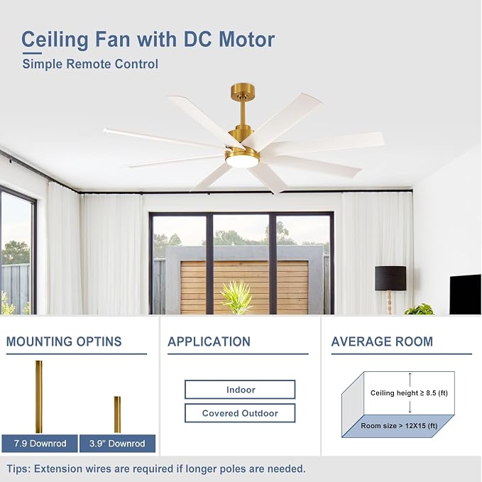 72" Ceiling Fan for Farmhouse: White and Gold Ceiling Fan with Remote 8 Blades 5-Speed Reversible DC Motor - Large Ceiling Fan with Light for Indoor Outdoor