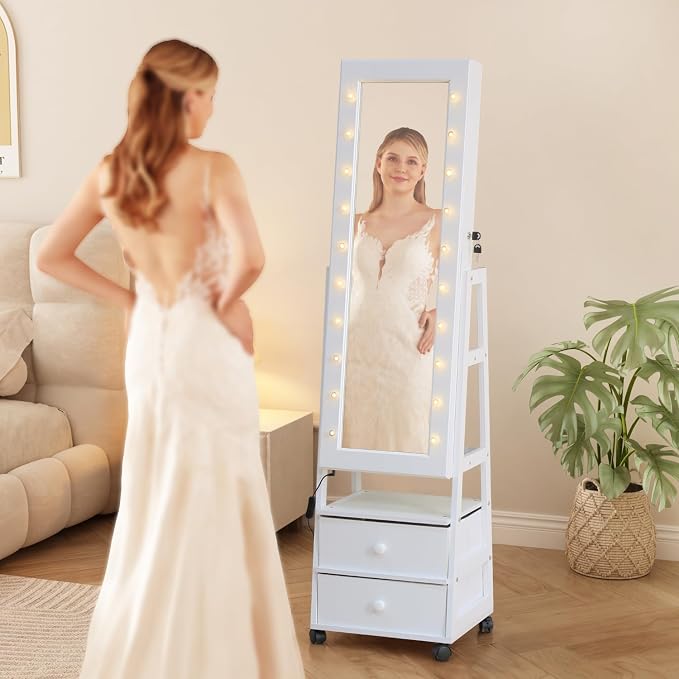 Jewelry Armoire Cabinet Organizer Standing with 20 LED Lights Lockable Full Length Mirror with Storage Shelves and 2 Drawers (White) Adjustable Tilt Angles Gift for Her