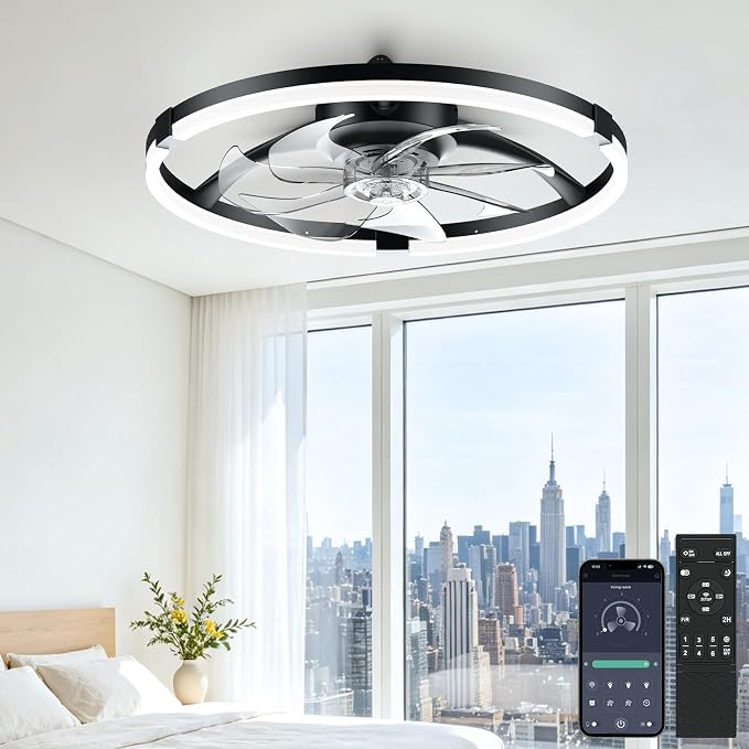 20'' Low Profile Ceiling Fan with Lights, Ceiling Fans with Lights and Remote, 3000-6500K Dimmable Modern Flush Mount LED Fan Lights, 6 Wind Speeds Ceiling Fans for Bedroom