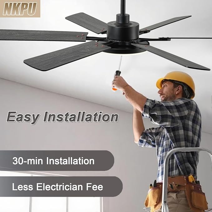 NKPU 56 Inch Ceiling Fans with Lights, Modern Black Ceiling Fan with Light and Remote Control, 6 Double Sided Blades, 6 Speed Reversible Motor, Dimmable LED, Silent Timing, Indoor Outdoor Patio Use