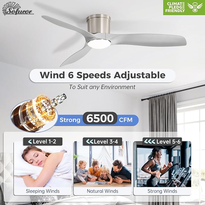 Sofucor 52 Inch Low Profile Ceiling Fans with Lights, Modern Flush Mount Ceiling Fan with 3 Plastic Blades, 6500CFM, Dimmable 6-Speed 3-Timer Reversible DC Motor for Bedroom Living Room, ETL, Gray