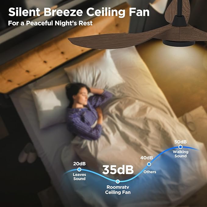 Roomratv Ceiling Fans with Lights and Remote Control,Quiet Noiseless Reversible DC Motor,6 Speeds,Timers, 3 CCT, Indoor Use, Plastic Blades,52 Inch Black Wood Grain Modern Ceiling Fan for Living Room