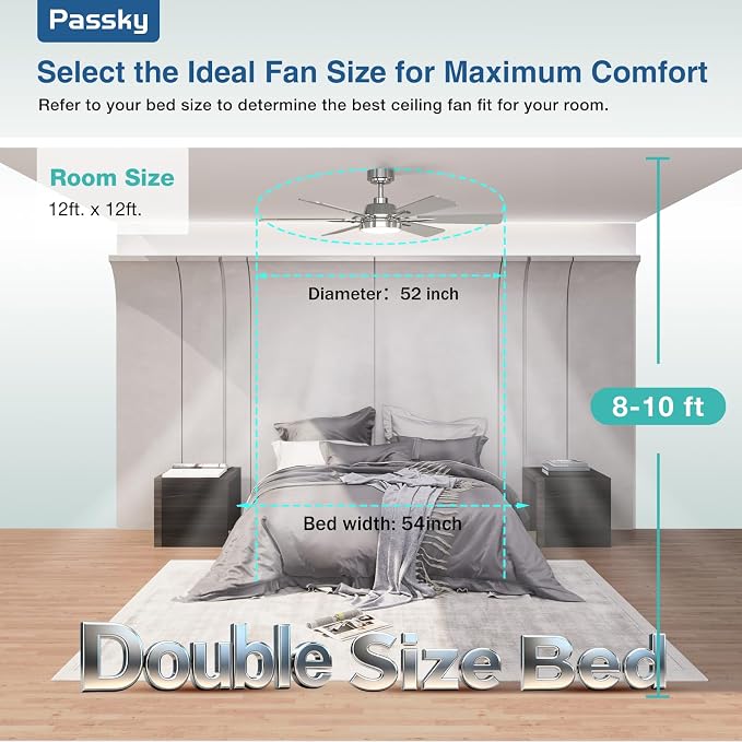Passky Ceiling Fans with Lights, 52 inch Nickel Ceiling Fan with Light and Remote Control, Reversible, Dimmable, 3CCT, Quiet, Ceiling Fan for Bedroom, Living Room, Indoor/Outdoor Use
