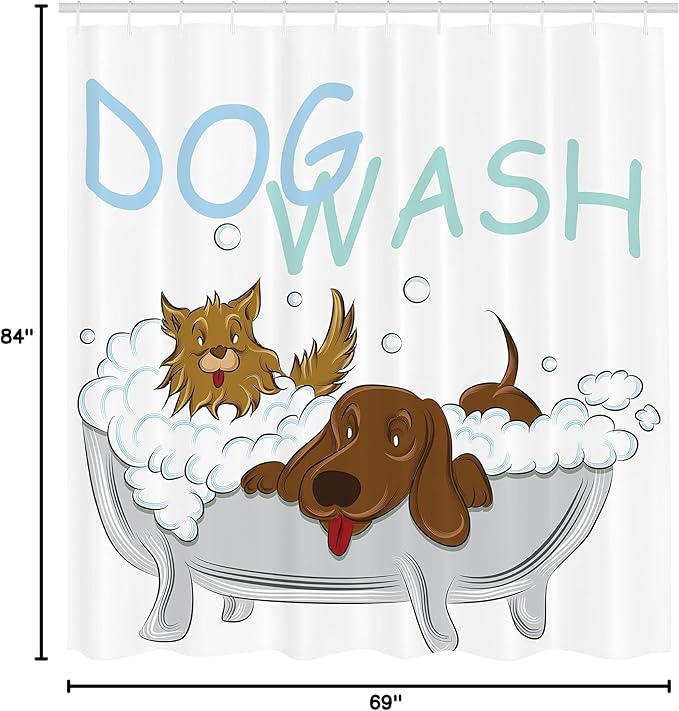 Ambesonne Cartoon Shower Curtain, Playful Dogs in a Bathtub Grooming Each Other Pets Theme Illustration, Cloth Fabric Bathroom Decor Set with Hooks, 69" W x 84" L, Brown White