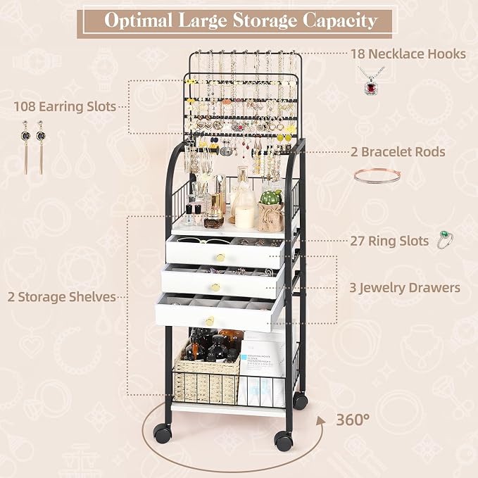 Keebofly Large Floor Jewelry Organizer Stand with 3 Drawers - Black | Mobile Jewelry Tower Holder with Display, Large Capacity Rack for Necklaces & Rings, Perfect Storage Gift for Women
