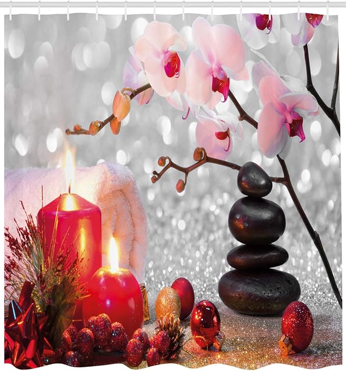 Ambesonne Spa Shower Curtain, Winter Christmas Themed with Pink Orchid Stone and Red Candles Image, Cloth Fabric Bathroom Decor Set with Hooks, 69" W x 75" L, White and Black