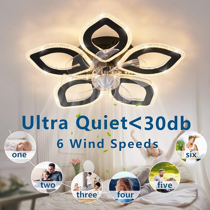 Dalouguan 21-Inch Ceiling Fan with Lights and Remote Control, Black Geometric, 6 Wind Speeds, 3 Light Color, Low Profile, Flush Mount, for Kitchen, Bedroom, Living Room