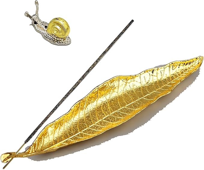 Leaf and Snail Incense Burner - Gold Incense Sticks Holder with Ash Catcher for Counters, Meditation Room, Yoga Decor, Home