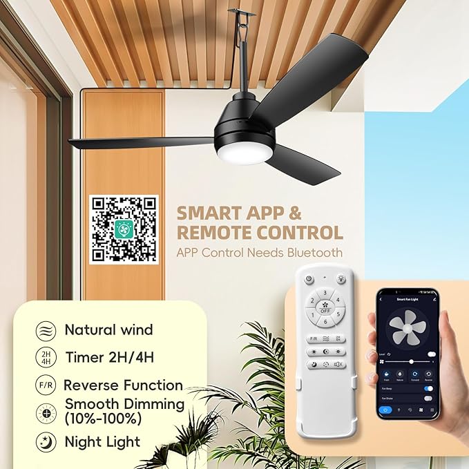 PBLALA 42" Outdoor Ceiling Fans with Lights,Plug in Ceiling Fan Light,Gazebo Fan Light,Hanging with Hook,45W,3CCT,App&Remote Control,6-Speeds,DC Motor,Portable Fan for Patios,Pergola