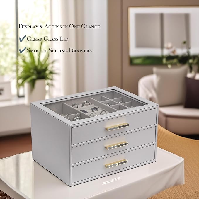 VLANDO 3-Drawer Jewelry Box with Glass Lid, Faux Leather Organizer for Rings Earrings Necklaces and More, Gift-Ready Jewelry Case for Women Girls or Moms, Grey