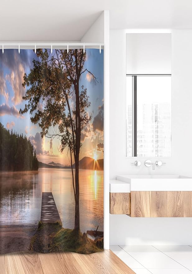 Ambesonne Seascape Stall Shower Curtain, Shore of Seventh Lake Tree Sunbeam at Sunset Water Reflection Tranquility, Fabric Bathroom Decor Set with Hooks, 36" W x 72" L, Brown Peach