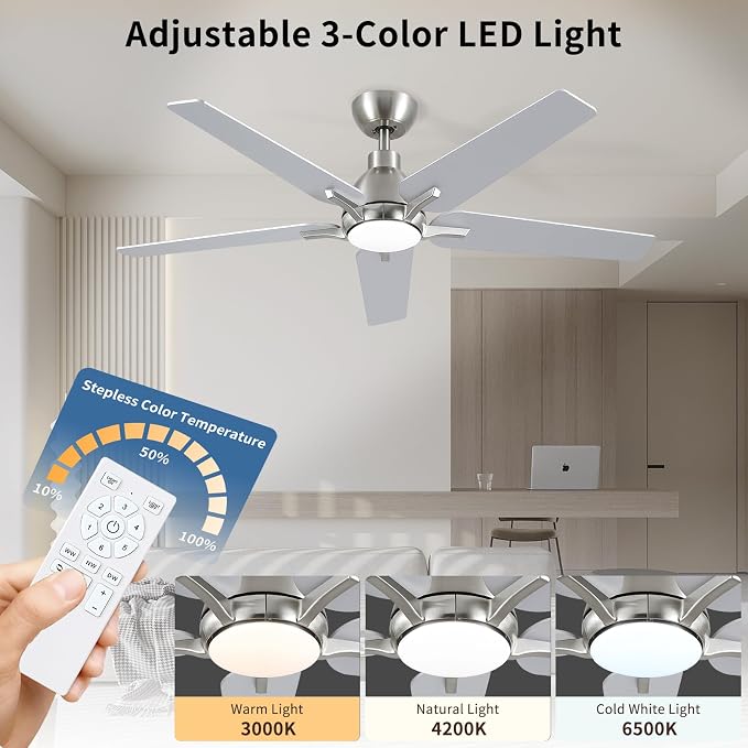 52 Inch Ceiling Fan with Light and Remote Cortrol, Brushed Nickel | 6-Speed Quiet Reversible DC Motor, 3CCT Dimmable 24W LED Light, 5 Wood Blades,Used for Bedroom, Living Room, Covered Patio