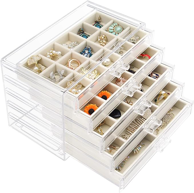 Watpot Acrylic Jewelry Box 5 Drawers Clear Earring Storage Organizer Display Case