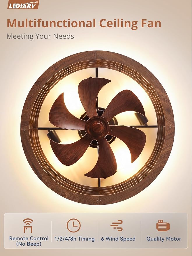 LEDIARY 23" Flush Mount Caged Ceiling Fan with Light, Low Profile Ceiling Fans with Light and Remote, 6 Speed & Reversible, Farmhouse Enclosed Fan Lights for Bedroom, Kitchen, Living Room, Dining Room