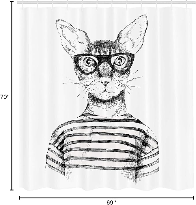 Ambesonne Cat Shower Curtain, Hand Drawn Dressed up Hipster New Age Cat Fashion Urban Free Art Print, Cloth Fabric Bathroom Decor Set with Hooks, 69" W x 70" L, Gray White