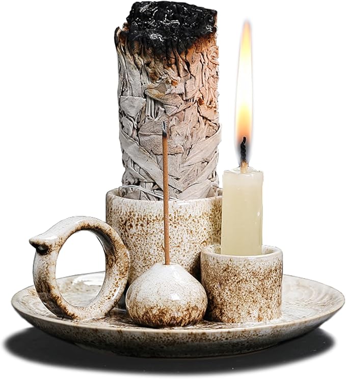 4 in 1 Ceramic Incense Burner Holder with Handle for Burning Sage, Palo Santo Stick, Joss Sticks, Candle in Your New House, Office, Yoga, Meditation Room