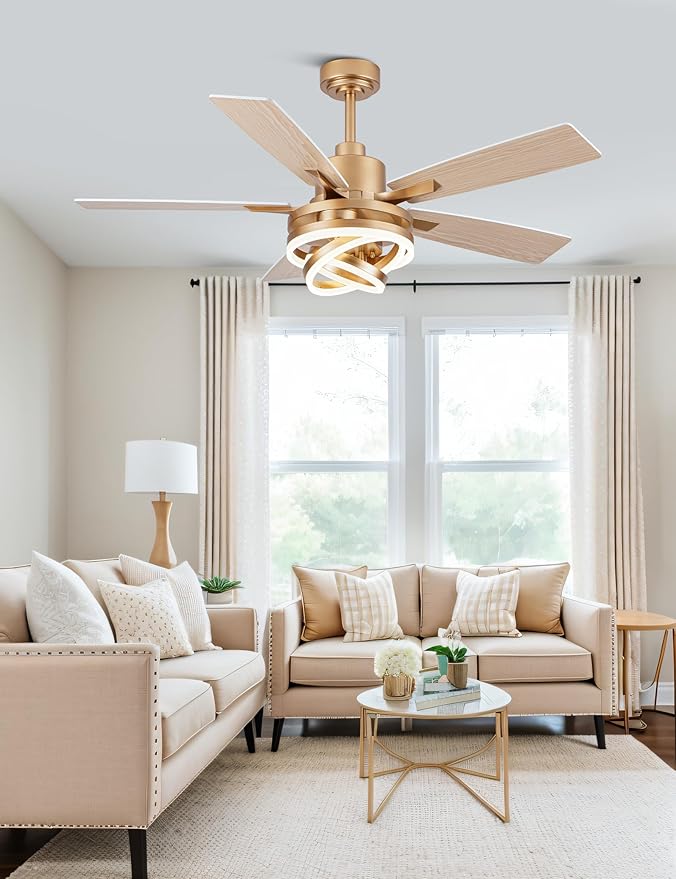 52" White and Gold Modern Chandelier Fandelier Ceiling Fan with Light | DC motor, reversible, dimmable, 3 adjustable rings for DIY shape; recommended for bedroom, living room, and indoor use.