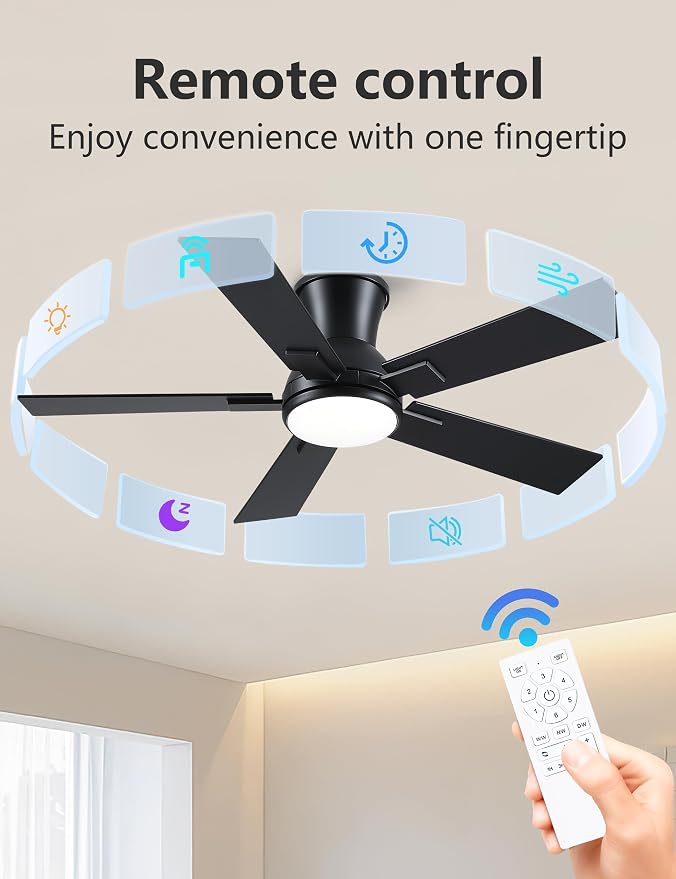 Modern Ceiling Fans with Lights - 42 inch Low Profile Ceiling Fan with Light and Remote, Flush Mount Reversible DC Motor, 6-Speed Quiet LED Dimmable for Bedroom, Indoor and Outdoor, Patios Black