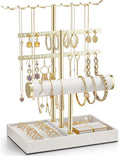 VLANDO 3 Tier Jewelry Stand Organizer with Tary, Leather Jewelry Holder Display for Women, Gold Jewlery Holder Display for Necklace, Earring, Bracelet, Rings - White