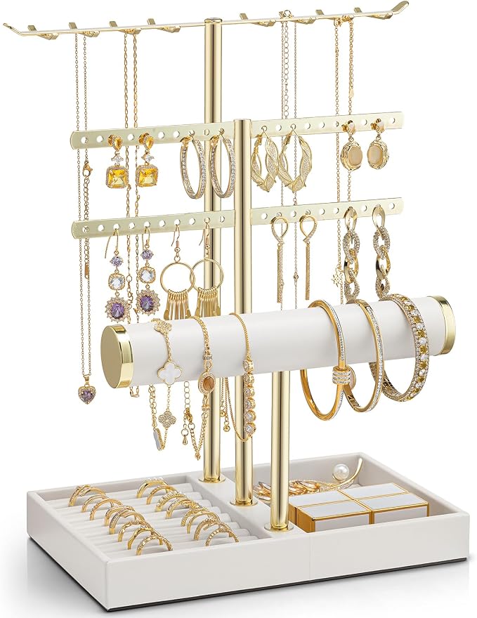 VLANDO 3 Tier Jewelry Stand Organizer with Tary, Leather Jewelry Holder Display for Women, Gold Jewlery Holder Display for Necklace, Earring, Bracelet, Rings - White