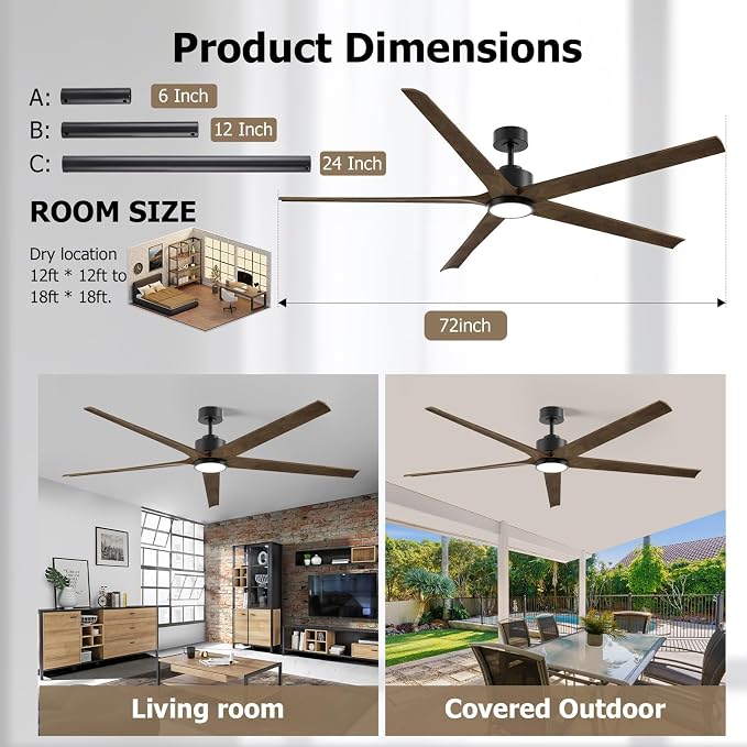 72 Inch Ceiling Fan with Lights and Remote, Outdoor 5 Wood Walnut Blades Ceiling Fans for Patios, Modern High CFM Farmhouse Ceiling Fans, Large Reversible DC Motor Ceiling Fan, Dimmable 3CCT, 6-Speed