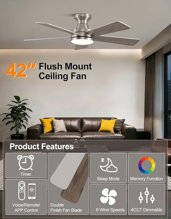 42 inch RGB Ceiling Fan with Light, Voice & App & Remote Control Low Profile Flush Mount Ceiling Fan,6 Speeds Silent Motor, 4-Color Temperature Dimmable for Home Office Party, Brush Nickel