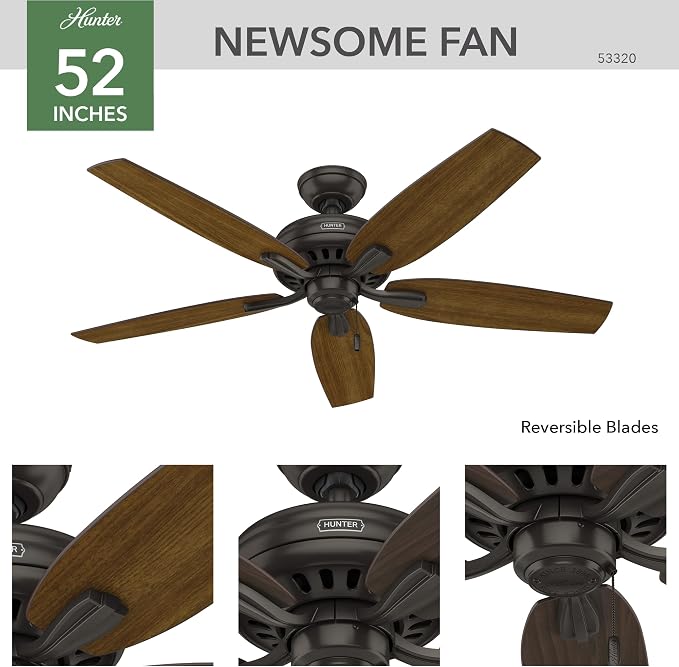 Hunter 52 inch Indoor Ceiling Fan No Light with Pull Chain - Bronze Ceiling Fan without Light, Standard Mount, 5 Blades, For Bedroom, Living Room, or Kitchen, Quiet - Newsome 53320, Premier Bronze