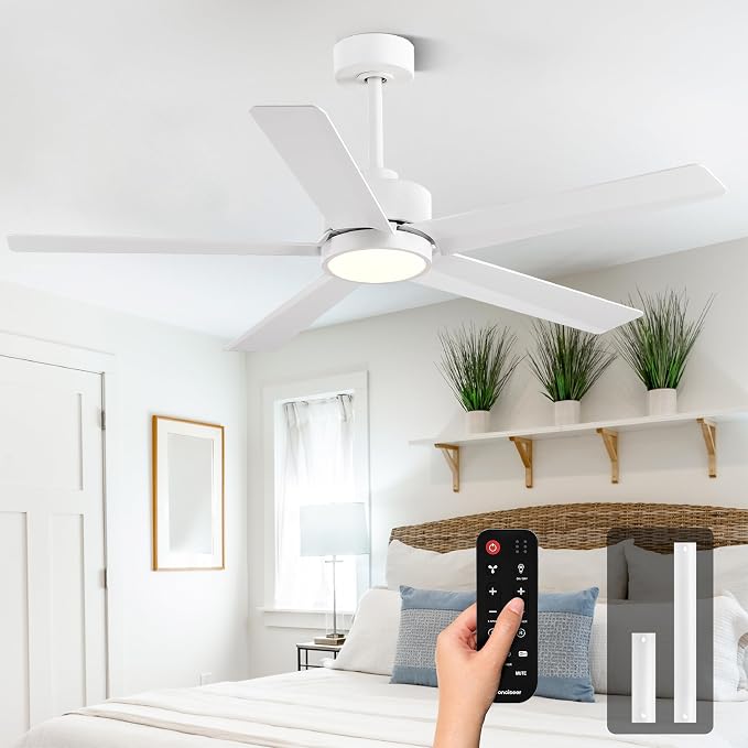 Conciseer Modern Ceiling Fans with Lights,52 Inch Ceiling Fans with Remote for Bedroom Living Room Kitchen, 18W 6CCT Dimmable，5 Blades 6 Speed Reversible Quiet DC Motor White
