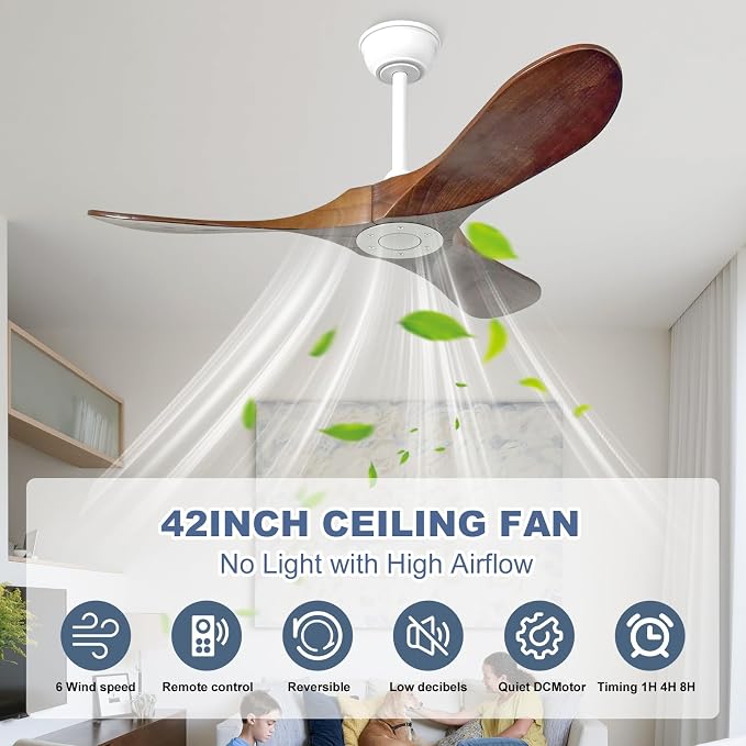 42'' Outdoor Ceiling Fan no Light,Solid Wood Ceiling Fan with Remote Control,Quiet and Reversible DC Motor with Large Airflow for Living Room,Patios,Gazebo (White+Dark Walnut)