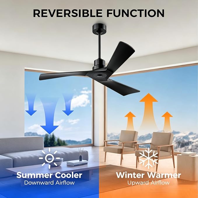Obabala Ceiling Fan 52 Inch with Remote, Solid Wood Blades DC Motor 5000 CFM Quiet 35dB, Reversible 6 Speed Modern Farmhouse for Bedroom Living Room Indoor Outdoor, No Light with Downrod