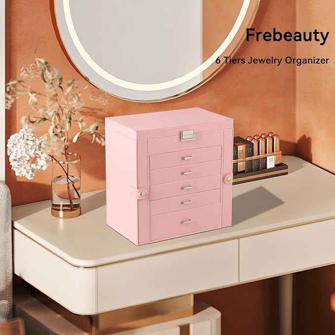 Frebeauty 6-Layer Jewelry Box for Women,Large Jewelry Organizer with Drawer | Faux Leather,Built-in Mirror,Spacious Jewelry Storage,16 Necklace Hooks,Organizing by Category for Rings Earrings Bracelet