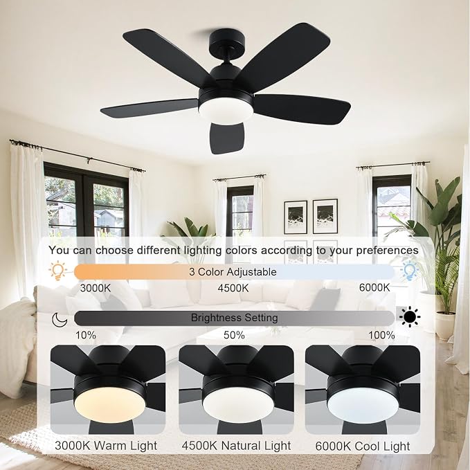 GJeg Ceiling Fans with Lights, 42 Inch Low Profile Ceiling Fan with Lights and Remote Control, LED Dimmable DC Reversible, 8 Speed, Noiseless, Modern Black Ceiling Fan for Bedroom, Indoor/Outdoor Use