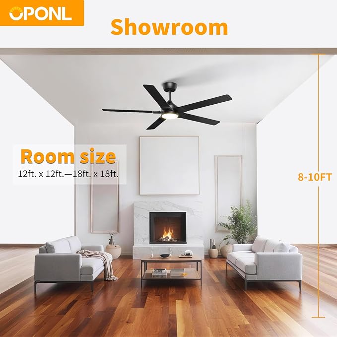 OPONL Ceiling Fan with Light, Ceiling fan with Light and Remote Control, Reversible, 6CCT, Dimmable, Noiseless, Ceiling Fan for Bedroom, Indoor/Outdoor Use, Black, 52 inch, Modern
