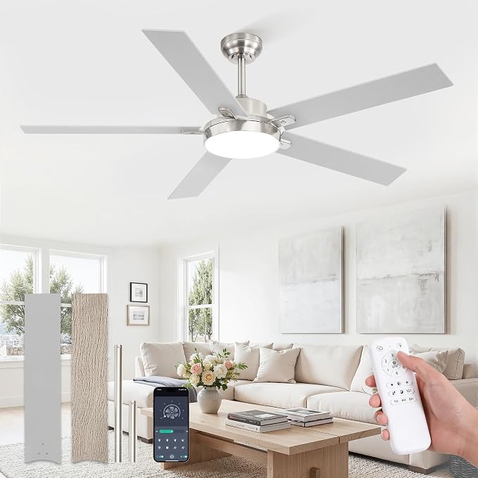 ZMISHIBO 60 Inch Ceiling Fans with Lights, Smart Remote/APP Control, Modern Ceiling Fan with 6 Speeds & 3CCT, Dimmable 30W LED, Quiet DC Motor, Noiseless for Living Room, Bedroom, Kitchen, Nickel
