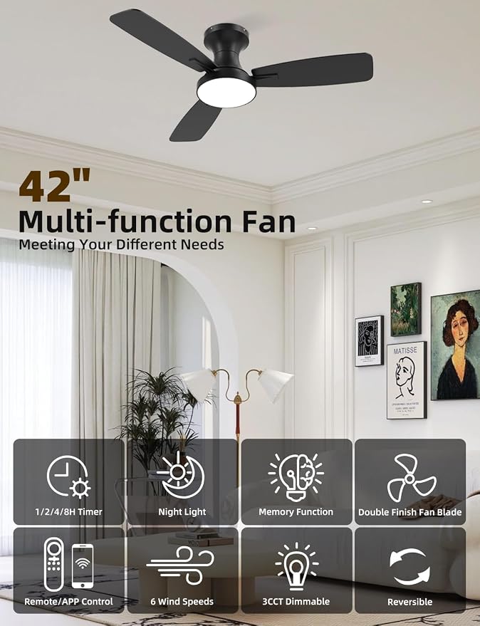 42 inch Smart Ceiling Fan with Light, Low Profile Flush Mount with Remote Control, Ultra-Quiet Reversible DC Motor, 3 Color Temperatures & 6 Speed Dimmable Lighting for Bedroom, Black