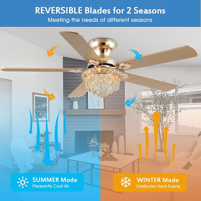 GJeg Crystal Ceiling Fan Fandelier with Lights-Ceiling Fans with Remote Control,Modern Ceiling Fan with Noiseless DC Reversible Motor,Dining Room,Living Room(52" Gold)