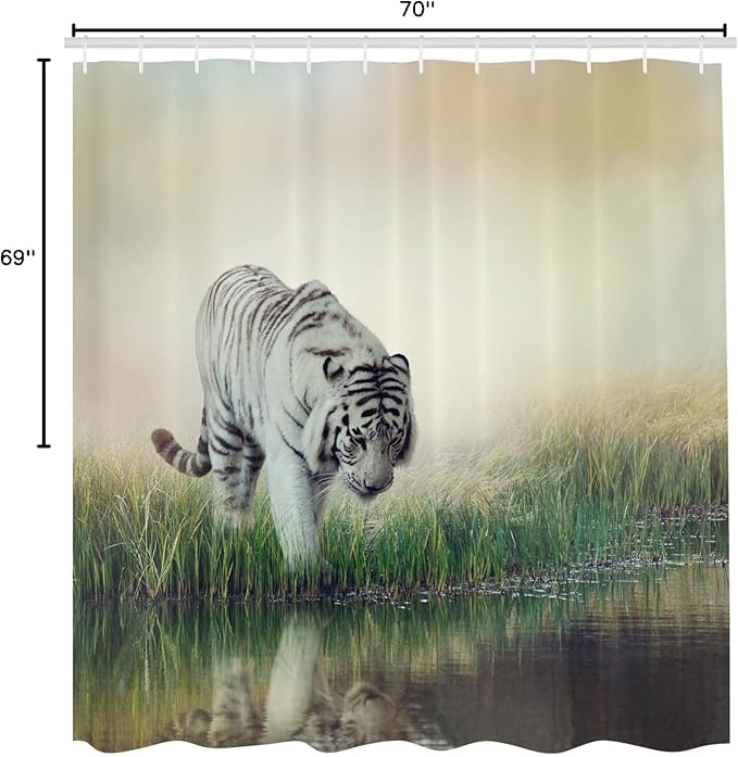 Ambesonne Wildlife Shower Curtain, Albino Tiger Near a River Exotic Animal Lover Themed Photo with Background, Cloth Fabric Bathroom Decor Set with Hooks, 69" W x 70" L, Green Ivory