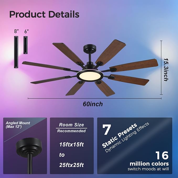 Ceiling Fan With Light & Remote Indoor/Outdoor Use 60 Inch RGB Brown | Remote Control,RGB Dimmable,Reversible DC Motor,3CCT,Timer,Noiseless,Ceiling Fan for Bedroom Living Room