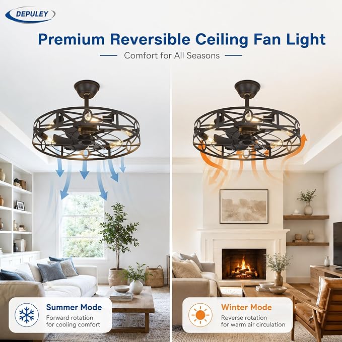 Depuley Caged Ceiling Fans with Light: 24-Inch Black Metal Enclosed Farmhouse Fandelier for Kitchen Bedroom - Industrial Semi Flush Mount Ceiling Fan with Remote 6 Speeds Reversible Motor Timer
