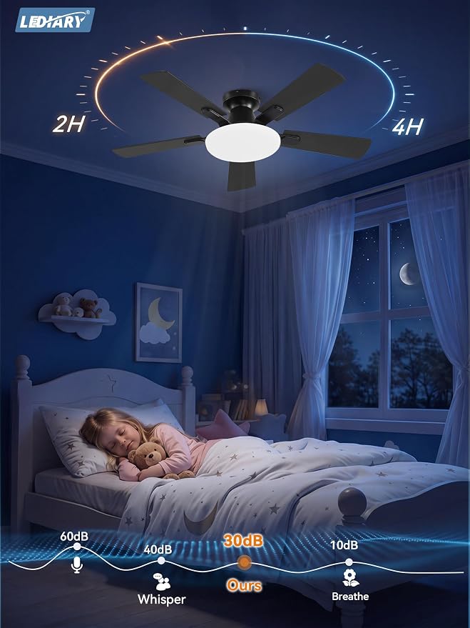 LEDIARY 42 Inch Flush Mount Ceiling Fans with Lights, Remote & APP Control | Bright Light, 3CCT, Dimmable, Memory Function, Timer, Reversible Blade, Quiet DC Motor, Damp-Rated, Bedroom, Covered Patio