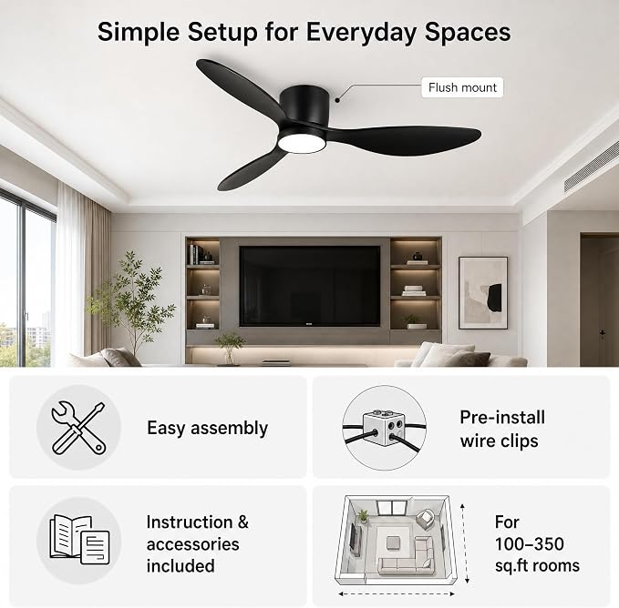 reiga 52" Low Profile Black Wood Ceiling Fan with Light, Quiet DC Fan | 3 solid wood blade, dimmable 3CCT LED light; remote timer control, flush mount for bedroom, dining & living room
