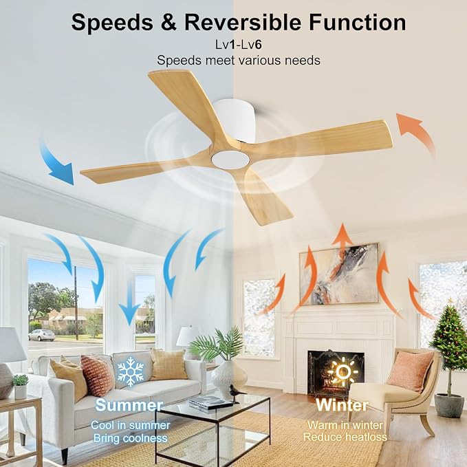 WINGBO 54 Inch Ceiling Fan Without Light, Solid Wood Flush Mount Ceiling Fan with Remote Control, Reversible DC Motor, 4 Blades, 6-Speed Quiet Performance, for Bedroom & Living Room, White+Light Wood