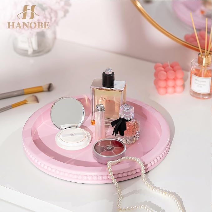 Hanobe Pink Round Decorative Tray with Beaded Edge | Durable paulownia wood, for displaying perfumes, candles, or jewelry on a dresser, coffee table, vanity, bathroom counter.