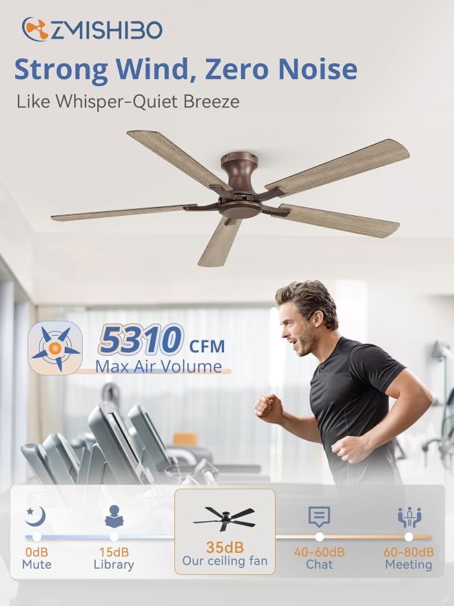 ZMISHIBO 60 Inch Ceiling Fan No Light, Flush Mount Low Profile, Farmhouse Brown Ceiling Fan Without Light, Remote Control & Quiet DC Motor, for Indoor&Outdoor, Bedroom, Living Room
